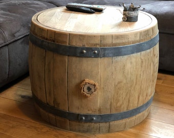 Bulbous wine barrel coffee table with wooden lid