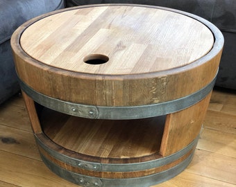 Oiled wine barrel coffee table with wooden lid and shelf