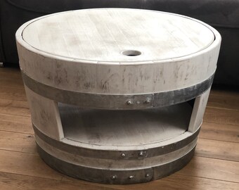 Wine barrel coffee table with wooden lid and shabby white shelf