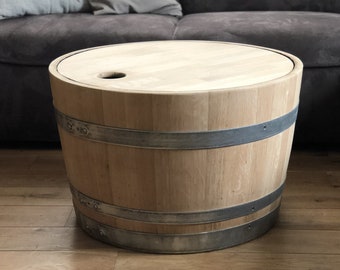 Wine barrel coffee table with natural wooden lid