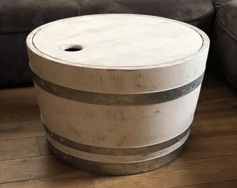 Wine barrel coffee table with wooden lid Shabby White