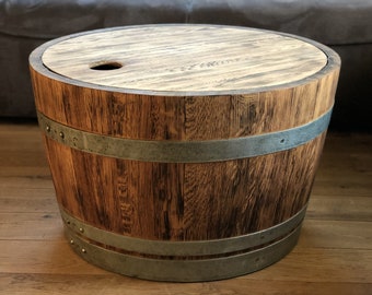 Rustic wine barrel coffee table with wooden lid