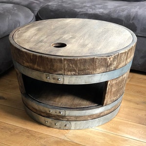 Wine barrel coffee table with wooden lid and shelf whiskey barrel look