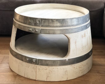 Wine barrel coffee table with shelf, round corners, shabby white