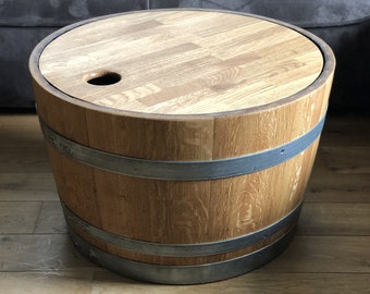 Wine barrel coffee table with oiled wooden lid