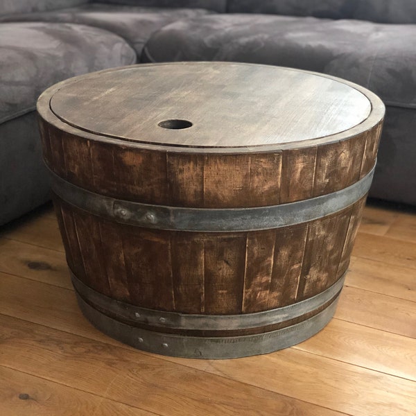 Wine barrel coffee table with wooden lid whiskey barrel look