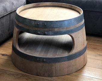Wine barrel coffee table with shelf, round corners, natural