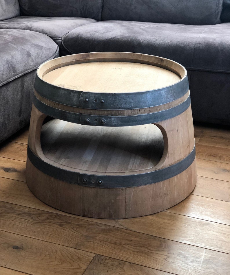 Wine barrel coffee table with shelf, round corners, natural image 1