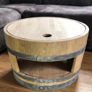 Wine barrel coffee table with wooden lid and natural shelf