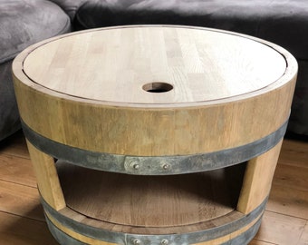Wine barrel coffee table with wooden lid and natural shelf
