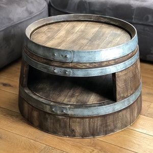 Wine barrel coffee table with shelf whiskey barrel look