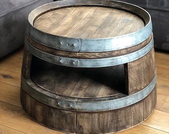 Wine barrel coffee table with shelf whiskey barrel look