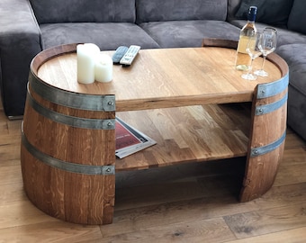 Long coffee table made from oiled wine barrel halves