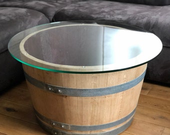Wine barrel coffee table with large (80s) glass top