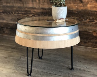 Wine barrel coffee table tripod with (60s) glass top