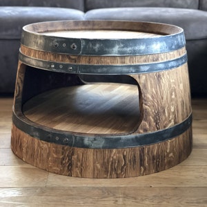 Wine barrel coffee table with shelf, rounded corners, rustic