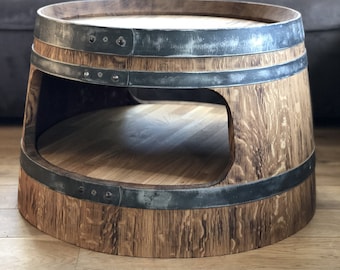 Wine barrel coffee table with shelf, round corners, rustic
