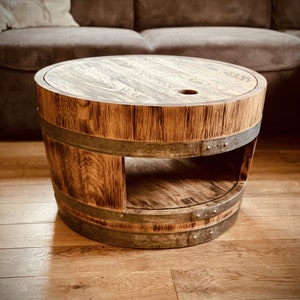 Wine barrel coffee table with wooden lid and shelf rustic