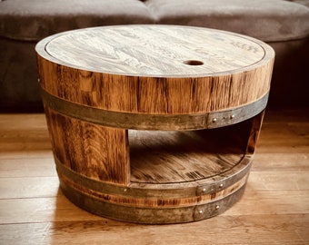 Rustic wine barrel coffee table with wooden lid and shelf