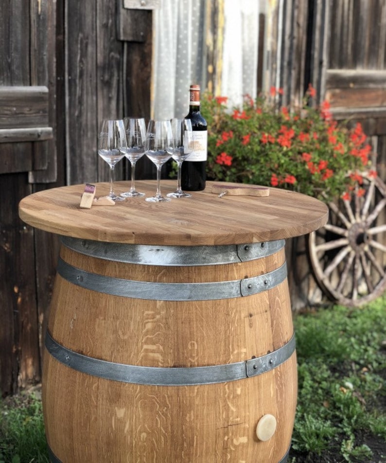 Wine Barrel Bar Table With Oak Top - Etsy UK