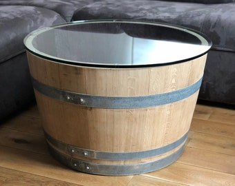 Wine barrel coffee table with small (70s) glass top