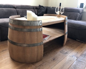 Long coffee table made from natural wine barrel halves