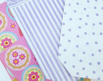 Paper Bag Set incl. Sticker Set of 12 -Purple Stripes & Dots