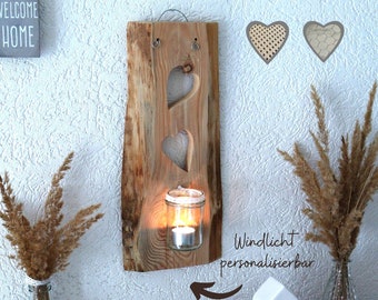 Wandkerzenhalter aus Lärchenholz  "Herzen" für Innen und Aussen | Wanddeko mit Windlicht personalisiert & wahlweise mit Geflecht