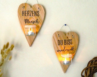 Herz-Wanddeko mit Windlicht und Schriftzug | Wandteelichthalter aus Holz im Landhausstil | Geschenk für Freundin