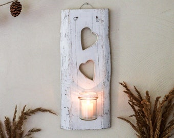 Shabby Chic Wandkerzenhalter "Herzen" |  Wanddeko aus Holz mit Windlicht auf Wunsch personalisierbar |  Wandteelichthalter als Deko für Flur