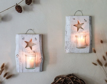 Shabby Chic Holz - Wandkerzenhalter Set "Sterne" | Wandteelichthalter für Drinnen & Draußen | Wanddeko mit Windlichtglas personalisierbar
