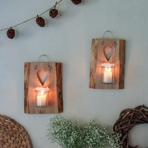 Country house wall candle holder set made of wood "Hearts" | Wooden decoration with lantern customizable | Outdoor wall decoration | Hallway decorative wall tea light holder