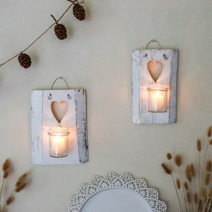 Wall candle holder set made of wood "Hearts" | Shabby Chic wooden decoration with lantern customizable | Wall decoration in vintage style for indoor and outdoor use