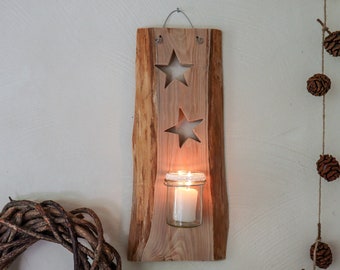 Wandkerzenhalter "Sterne" aus Lärchenholz | Outdoor Wanddeko mit Windlicht | Holz-Wandteelichthalter im Landhausstil