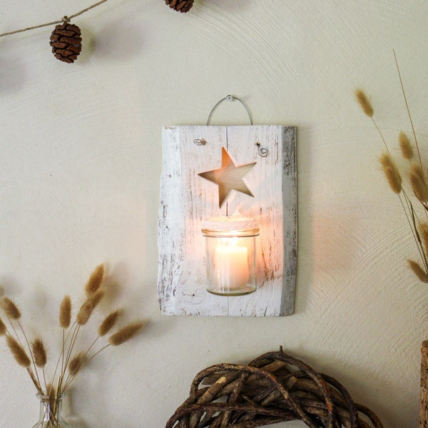 Wandkerzenhalter aus Holz "Stern" weiß | Shabby Chic Deko -Wandteelichthalter | Outdoor Wanddeko mit Windlicht auf Wunsch personalisierbar