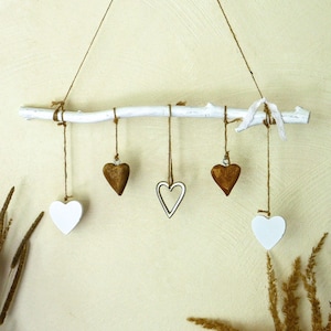 Hanging decoration branch white L40cm with heart pendants | Small country-style ceiling mobile & window decoration for hanging all year round