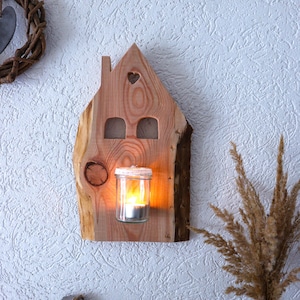 Country house style wall decoration “House” with lantern can be personalized | Wall decoration for outside | Wooden wall candle holder | Wooden decoration for outside