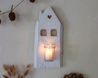 Wandkerzenhalter HAUS mit Windlichtglas auf Wunsch personalisierbar - Shabby Chic Wanddeko aus Holz | Geschenk zum Einzug | Wand Holzdeko