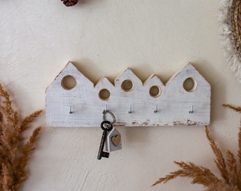 Shabby Chic Holz-Schlüsselbrett "Haus" - Schlüsselaufbewahrung im Vintage Stil | Schlüsselkasten weiß in Hausform | Geschenk zum Einzug