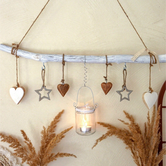 Moderne Hängedeko L60cm mit Windlicht personalisierbar | Fensterdeko zum Aufhängen in weiß | Deko Ast zum Aufhängen für Herbst und Winter