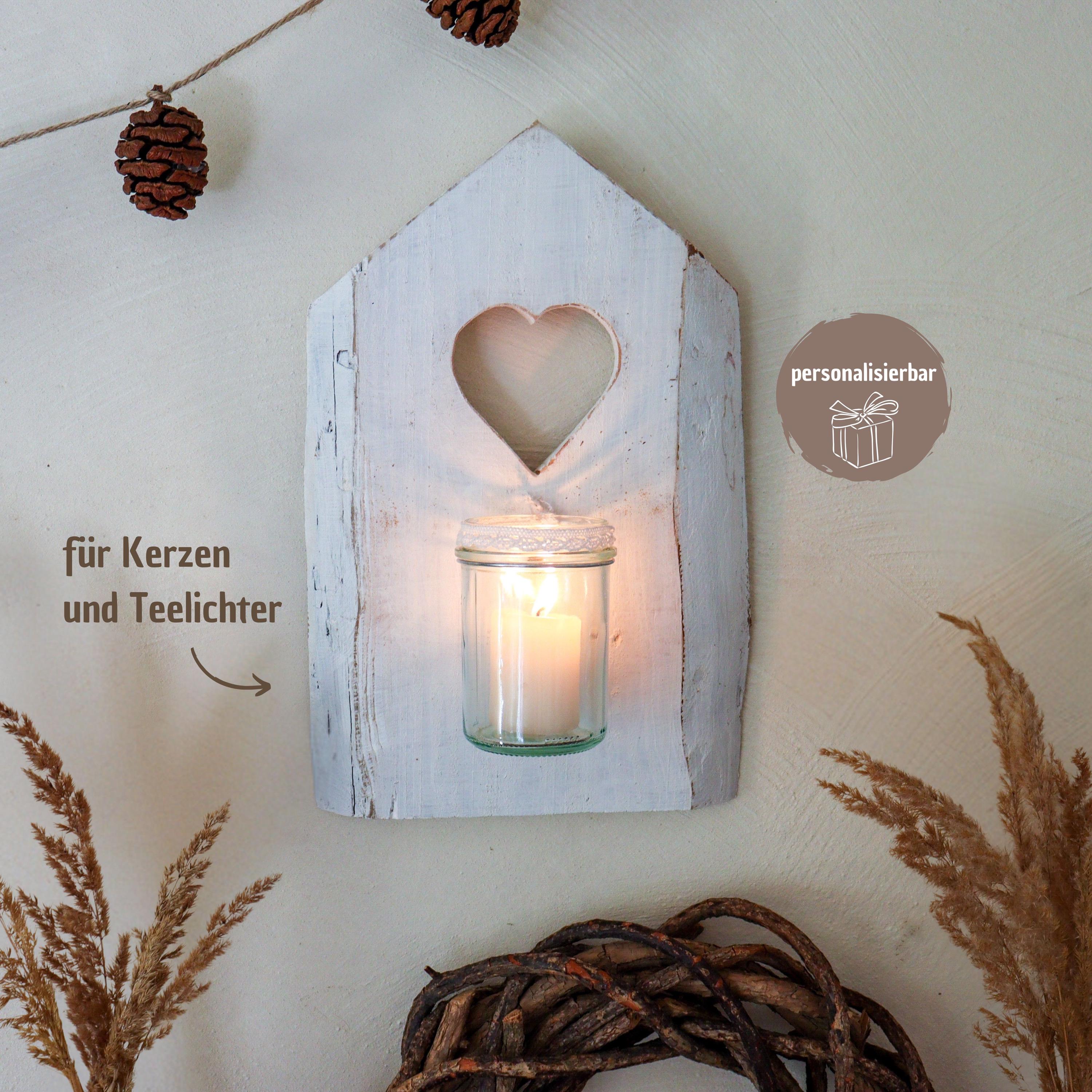 Shabby Chic Holz-Wandkerzenhalter HAUS mit Herz | Wanddeko weiß für Innen und Aussenbereich | Wandteelichthalter auf Wunsch personalisierbar