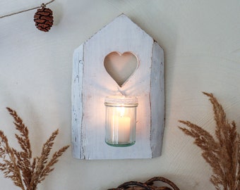 Shabby Chic Holz-Wandkerzenhalter HAUS mit Herz | Wanddeko weiß für Innen und Aussenbereich | Wandteelichthalter auf Wunsch personalisierbar