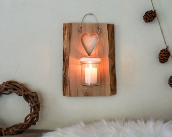 Landhaus Wand-Holzdeko "Herz" | Outdoor Deko | Holz-Wandkerzenhalter mit Windlichtglas personalisierbar | Flur Wanddeko aus Holz |
