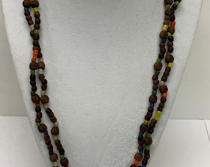Vintage hand made hippie glass seed bead and cork necklace 46 inches