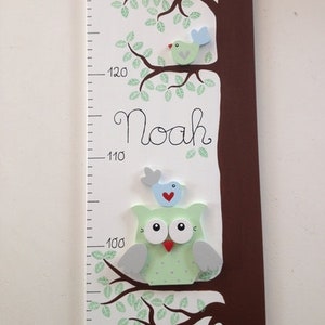 Kindermesslatte von Pilzglück, Messlatte, Messleiste, Kind, Kinderzimmer, Baby, Geburt, Taufe, Geschenk, Eule, Fliegenpilz, Vogel, Holz