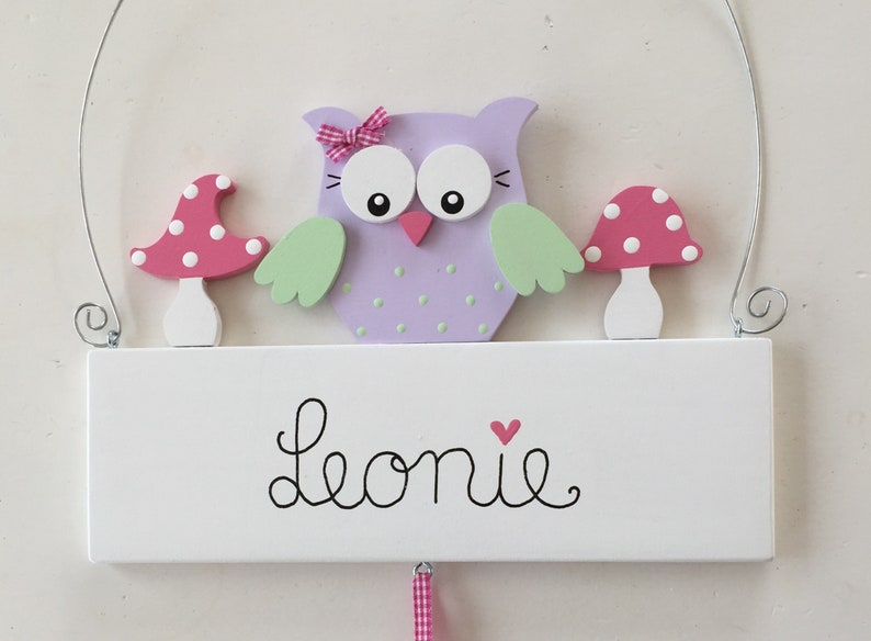 Porte-nom de Pilzglück, panneau de porte, chambre d'enfant, panneau, nom, chouette, enfant, bébé, naissance, anniversaire, baptême image 1