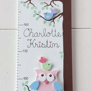Kindermesslatte von Pilzglück, Messlatte, Messleiste, Kind, Kinderzimmer, Baby, Geburt, Geschenk, Taufe, Holz, Eule, Fliegenpilz, Tiere