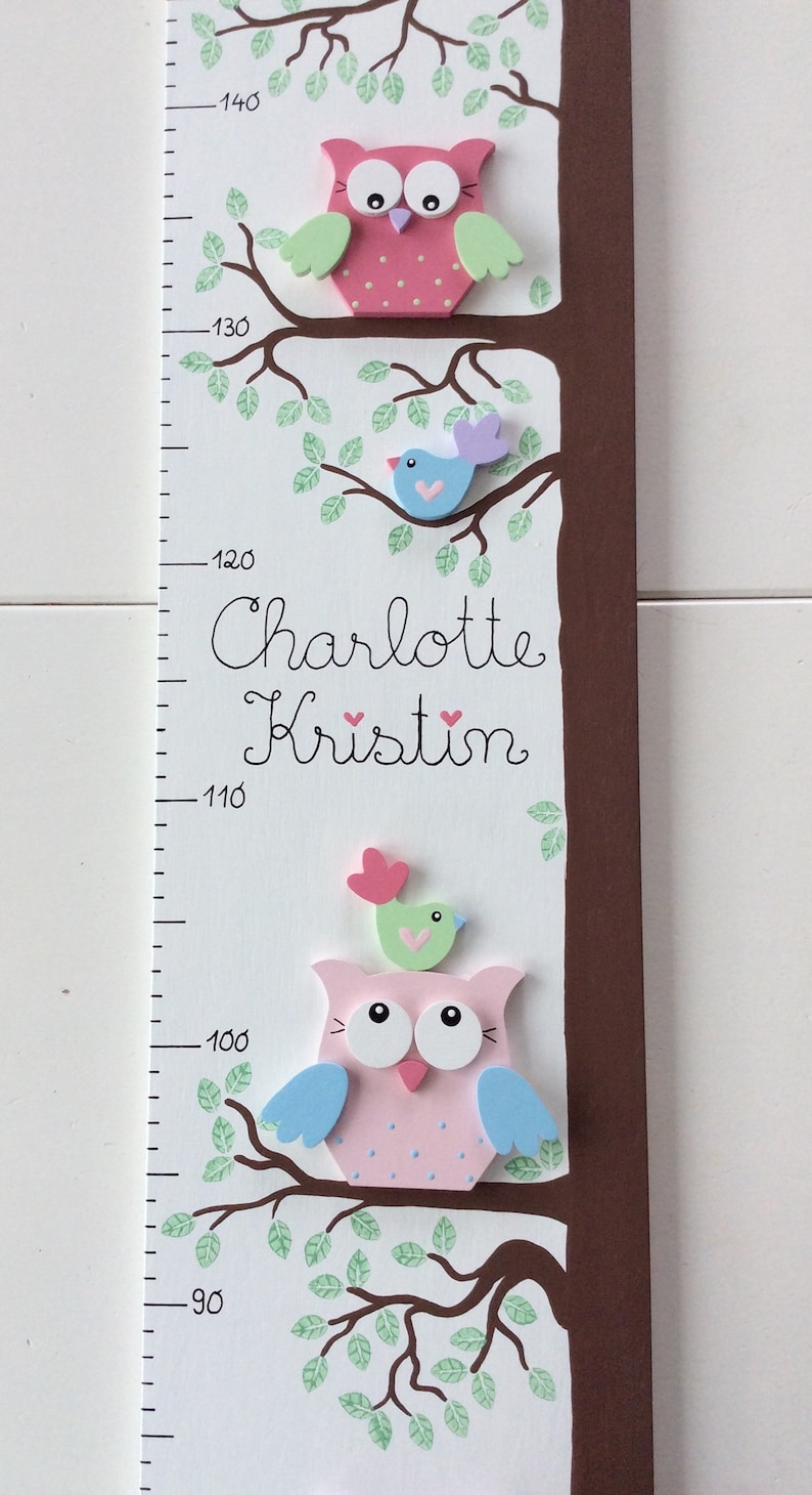 Children's Bar of Pilzglück, yardstick, measuring strip, child, children's room, baby, birth, gift, baptism, wood, owl, fly mushroom, animals image 1