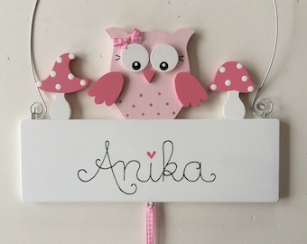 Namensschild von Pilzglück, Türschild, Schild, Name, Kinderzimmer, Kind, Baby, Geburt, Geschenk, Taufe, Eule, Fliegenpilz