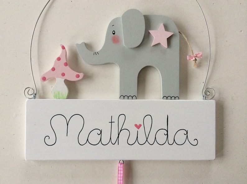 Namensschild von Pilzglück, Türschild, Schild, Name, Elefant, Fliegenpilz, Stern, Kinderzimmer, Kind, Baby, Geburt, Geschenk, Tier Bild 1